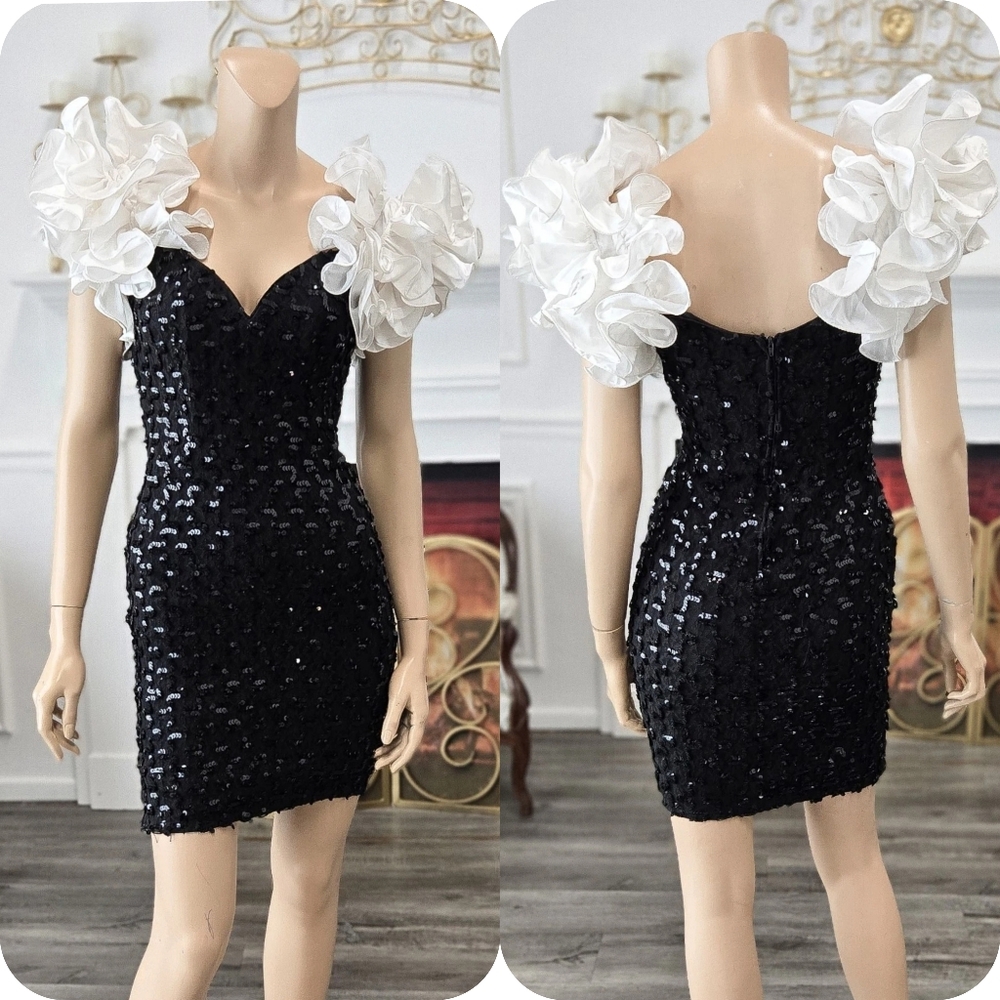 Legends Vintage 80s 90s Black & White Sequin Sexy Short Party Prom Dress sz 3/4